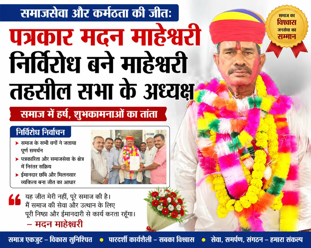 समाजसेवा और कर्मठता की जीत: पत्रकार मदन माहेश्वरी निर्विरोध बने माहेश्वरी तहसील सभा के अध्यक्ष