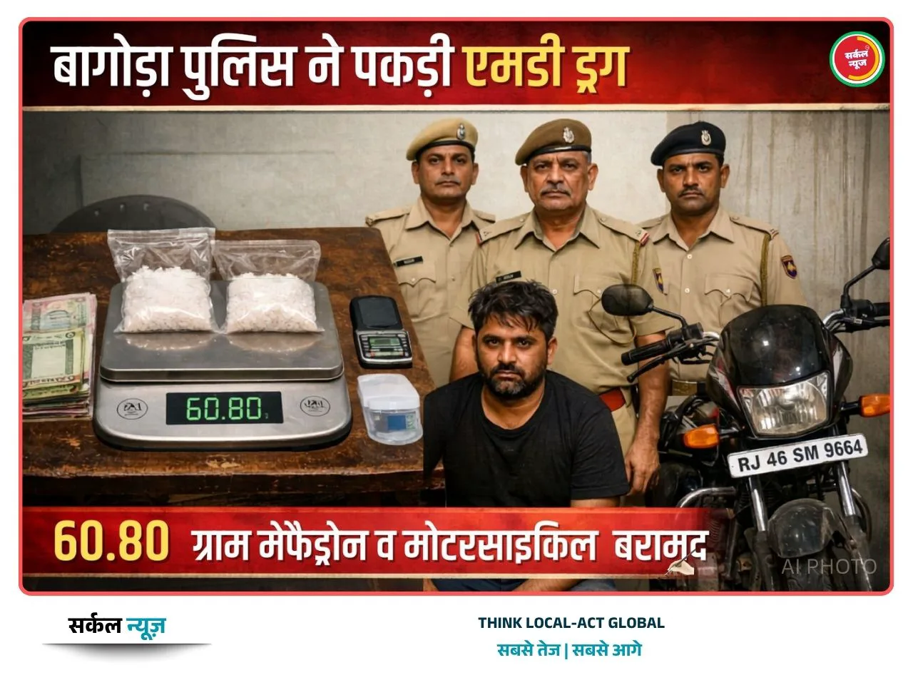 बागोड़ा पुलिस की बड़ी कार्रवाई: MD ड्रग्स के साथ तस्कर गिरफ्तार, बाइक भी जब्त
