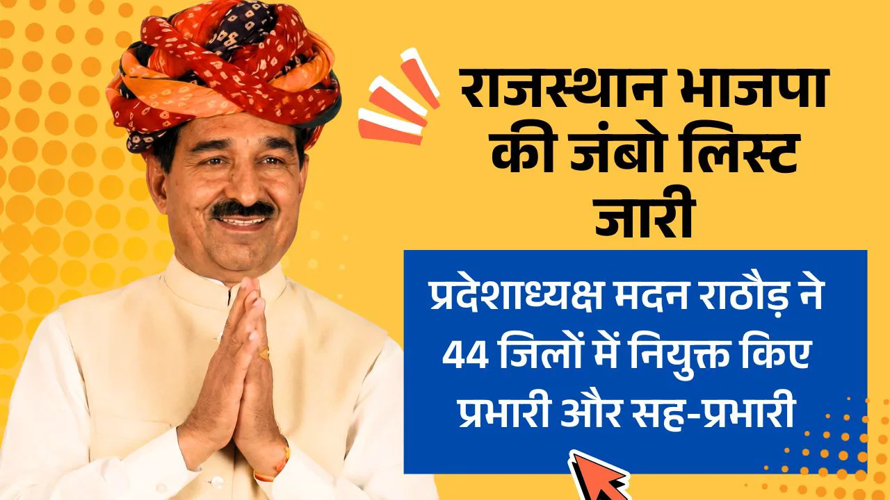 राजस्थान भाजपा की जंबो लिस्ट जारी: प्रदेशाध्यक्ष मदन राठौड़ ने 44 जिलों में नियुक्त किए प्रभारी और सह-प्रभारी, पंचायतीराज चुनावों पर फोकस